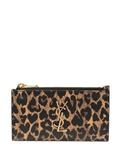 Saint Laurent Monogram Leopard-print Cardholder In Brown