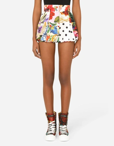 Dolce & Gabbana Printed Patchwork Cotton Piquet Shorts In Multicolor