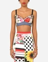 DOLCE & GABBANA PATCHWORK DRILL AND JACQUARD DENIM BUSTIER TOP