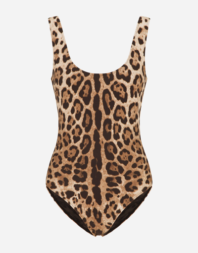 Dolce & Gabbana Leopard-print One-piece Swimsuit In Brown