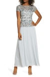 Pisarro Nights Beaded Mesh Mock Two-piece Gown In Ice