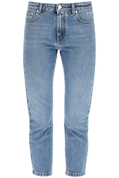Msgm Crystal Logo Embellishment Cropped Jeans In Blue
