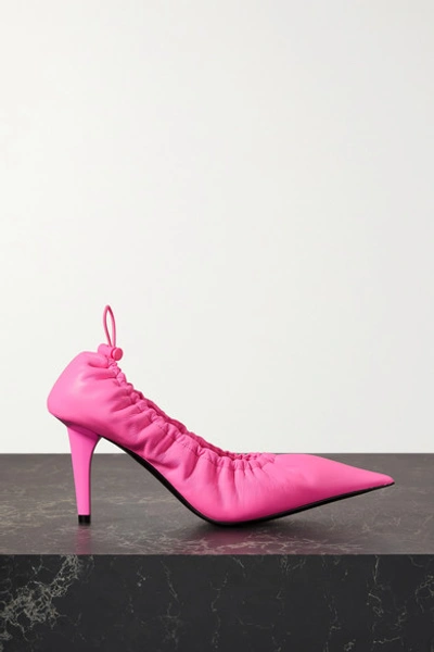 Balenciaga Scrunch Knife Ruched Neon Leather Pumps In Pink