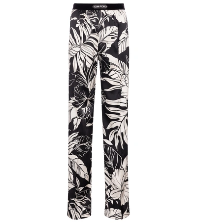 Tom Ford Floral Printed Silk Satin Pajama Trousers In Black