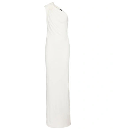 Tom Ford Viscose Jersey One-shoulder Ruched-sleeve Maxi Dress In Chalk