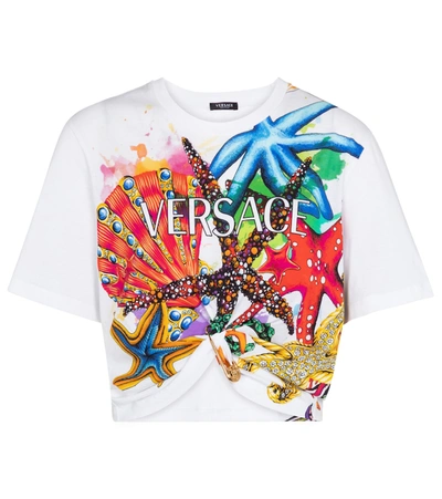 Versace La Medusa Cropped Embellished Printed Cotton-jersey T-shirt In White