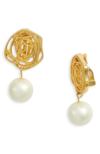 Karine Sultan Flower Swirl Pearl Drop Clip-on Earrings In Gold