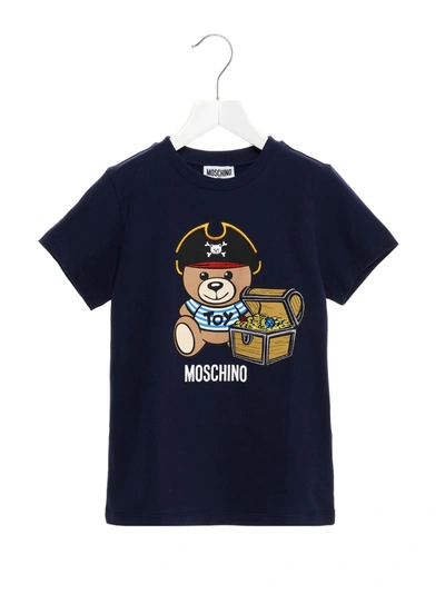 Moschino Kids' Blue Jersey T-shirt With Teddy Bear Print In Black