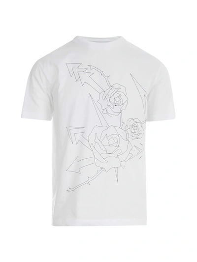 Les Hommes Crew Neck T-shirt W/roses Printing In White