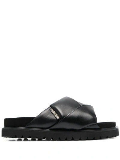 Moncler Interwoven-detail Flat Leather Sandals In Black