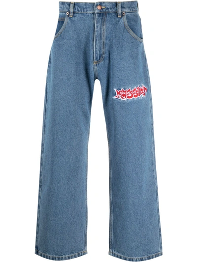 Paccbet Embroidered Wide-leg Jeans In Blue