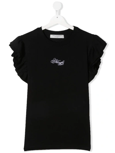 Philosophy Di Lorenzo Serafini Teen Logo-embroidered Ruffled T-shirt In Black