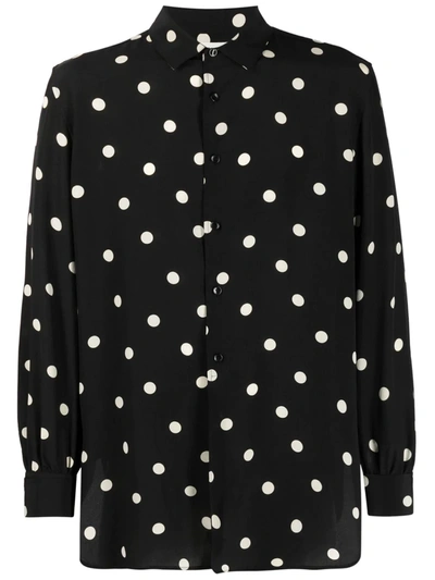 Saint Laurent Polka Dot Print Silk Shirt In Black,white