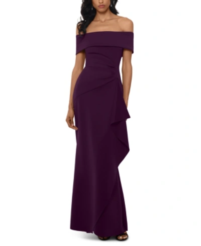 Xscape Petite Off-the-shoulder Ruffled Gown In Plum Purple