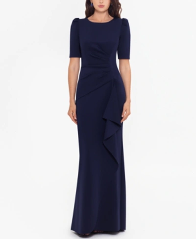 Xscape Side Ruched Ruffle Details Scuba Crepe Gown In Midnight Blue