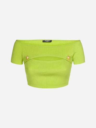Balmain Green Off-the-shoulder Cropped Tank Top In Yellow