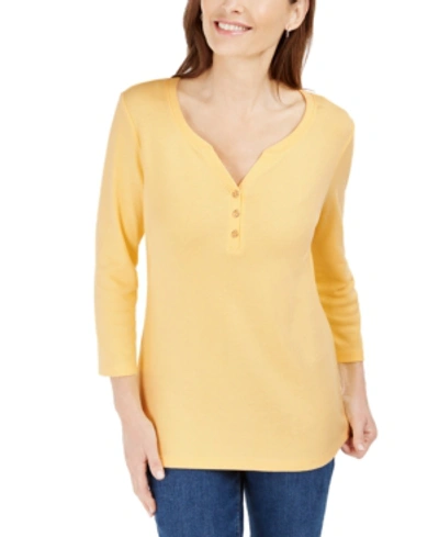 Karen Scott Petite Cotton 3/4-sleeve Henley Top, Created For Macy's In Citron Aura