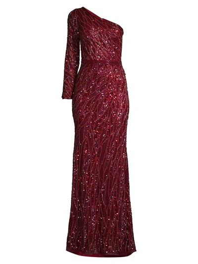 Mac Duggal Novelty Sequin Long-sleeve Sheath Gown In Burgundy