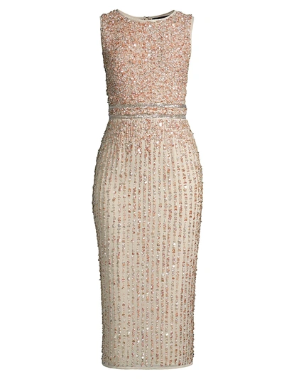 Mac Duggal Vertical Sequin Midi Sheath Dress In Beige/gold