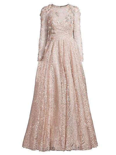 Mac Duggal Embellished Long-sleeve Floral Lace A-line Gown In Mocha