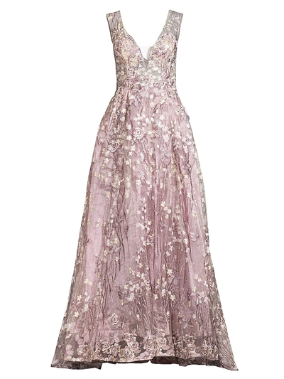Mac Duggal Lace Floral Pleated A-line Gown In Lilac
