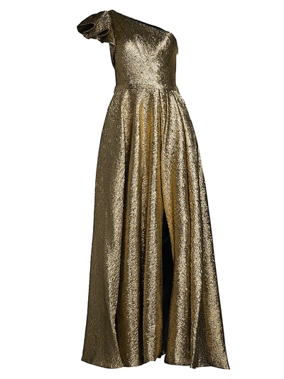 Mac Duggal Asymmetric Metallic Pleated Ball Gown In Antique Brass