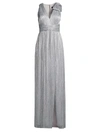 AIDAN MATTOX METALLIC V-NECK PLEATED MESH GOWN,400013795829