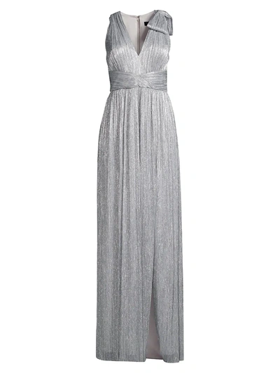 Aidan Mattox Metallic V-neck Pleated Mesh Gown In Silver