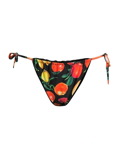 Weworewhat Women's Fruit-print Ruched String Bikini Bottom In Black Multi