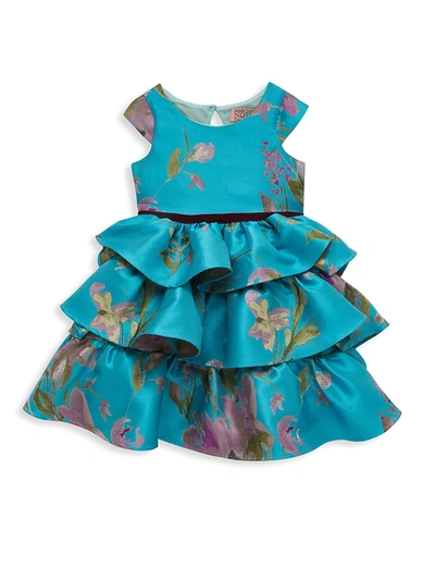 Marchesa Notte Kids' Little Girl's Cap Sleeve Printed Brocade Tiered Dress In Aqua