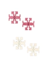 Tory Burch Set Of 2 Pair Kira Powder-coated Enamel T-logo Stud Earrings In Ivory/pink