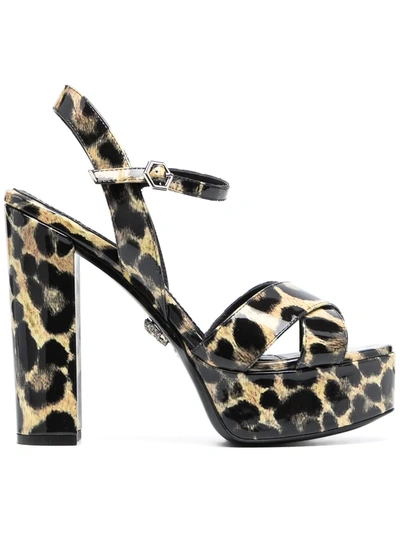 Philipp Plein Patent Platform Leopard Print Sandals In Neutrals