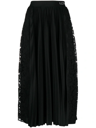 Valentino Lace-panel Pleated Midi-skirt In Black