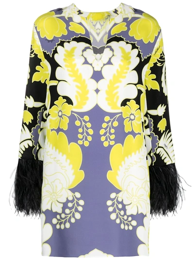 Valentino Feather-trimmed Arazzo-print Silk-cady Mini Dress In Multicolor