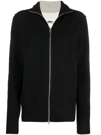 Mm6 Maison Margiela Ribbed Contrast Panel Zipped Sweatshirt In Black