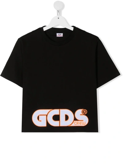 Gcds Teen Logo-embroidered Cropped T-shirt In Black