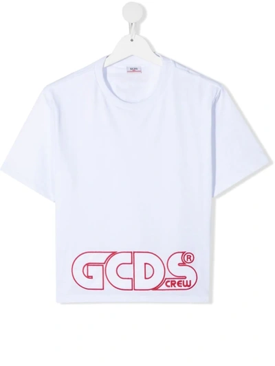 Gcds Teen Logo-embroidered Cropped T-shirt In White