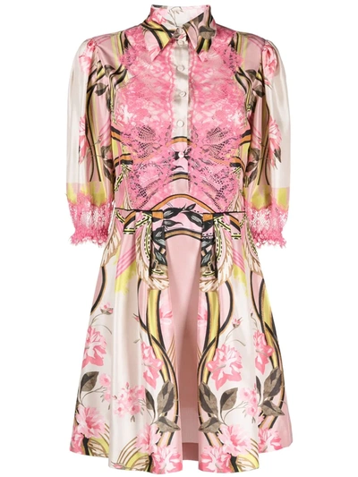 Alberta Ferretti Printed Lace Panel Shirtdress In Pink