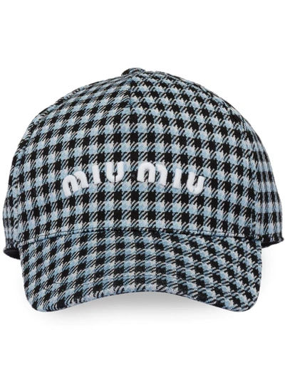 Miu Miu Embroidered-logo Check-print Cap In Blue