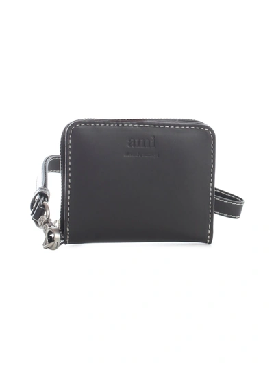 Ami Alexandre Mattiussi Compact Wallet W/leather Strap Smooth Vegetable Leather In Black