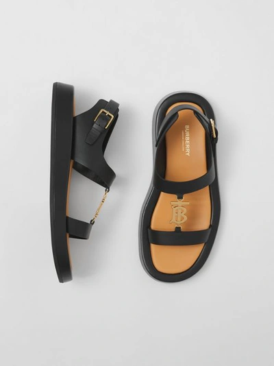 Burberry Black Leather Monogram Flat Sandals