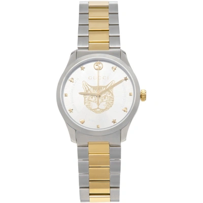 Gucci Silver & Gold 38 Mm G-timeless Cat Watch In Gold/silver