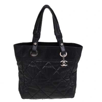 Pre-owned Chanel Black Quilted Coated Canvas Small Paris Biarritz Tote