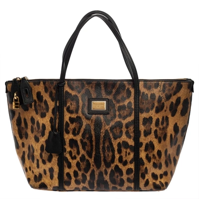 Pre-owned Dolce & Gabbana Brown Coated Canvas And Leather Leopard Print Tote