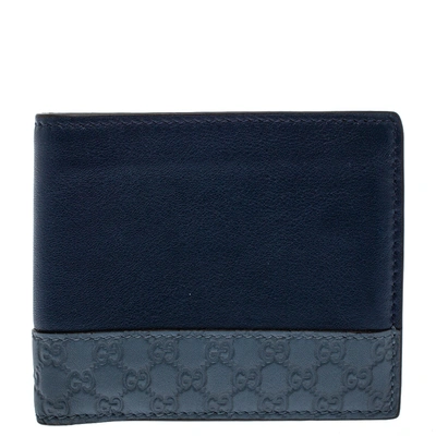 Pre-owned Gucci Ssima Leather Bi-fold Wallet In Blue