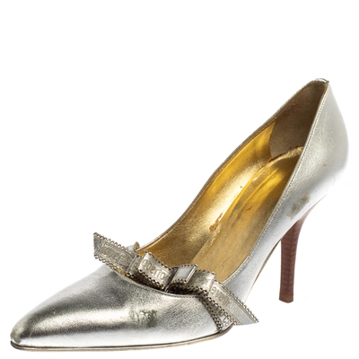 Pre-owned Roberto Cavalli Silver Leather Slip On Pointed Toe Pumps Size 38