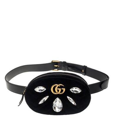 Pre-owned Gucci Black Matelass&eacute; Velvet Crystal Embellished Gg Marmont Belt Bag