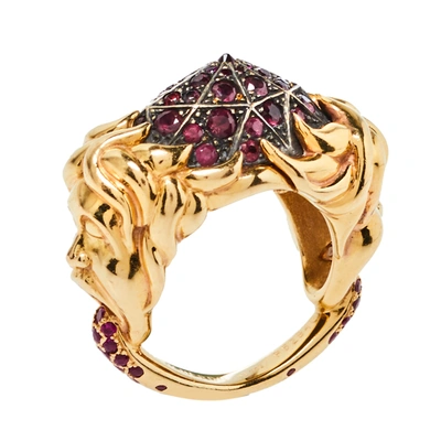Pre-owned Boucheron Ruby Carved Face 18k Yellow Gold Dome Cocktail Ring Size 52.5 In Red