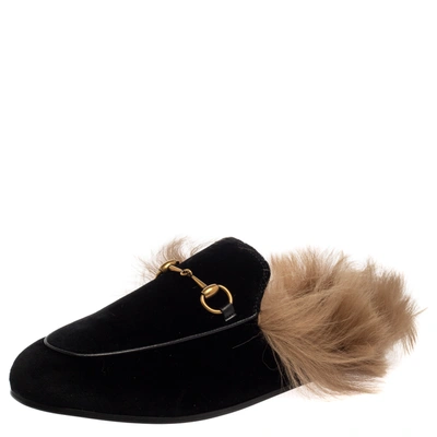 Pre-owned Gucci Black Velvet And Fur Lined Princetown Flat Mules Size 38