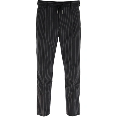 Pre-owned Dolce & Gabbana Black Pinstriped Wool Jogging Trousers Size It 48